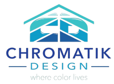 Logo: teal house shape above “CHROMATIK DESIGN” in blue, tagline “where color lives.”