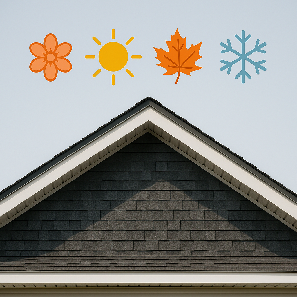 Roof of a house with seasonal icons: flower, sun, leaf, snowflake, suggesting all-weather roofing.