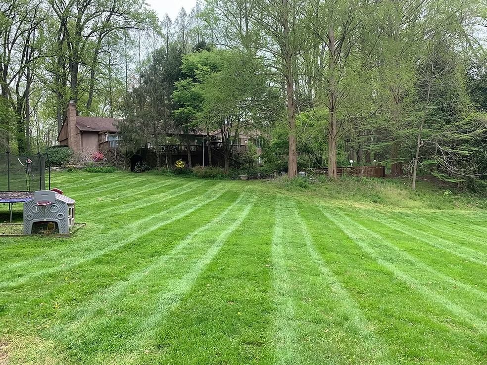 A house is visible in the background behind a wide, green lawn with freshly mown grass stripes, next to a playground set.