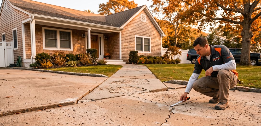 Concrete driveway resurfacing project with smooth finished surface near residential garage