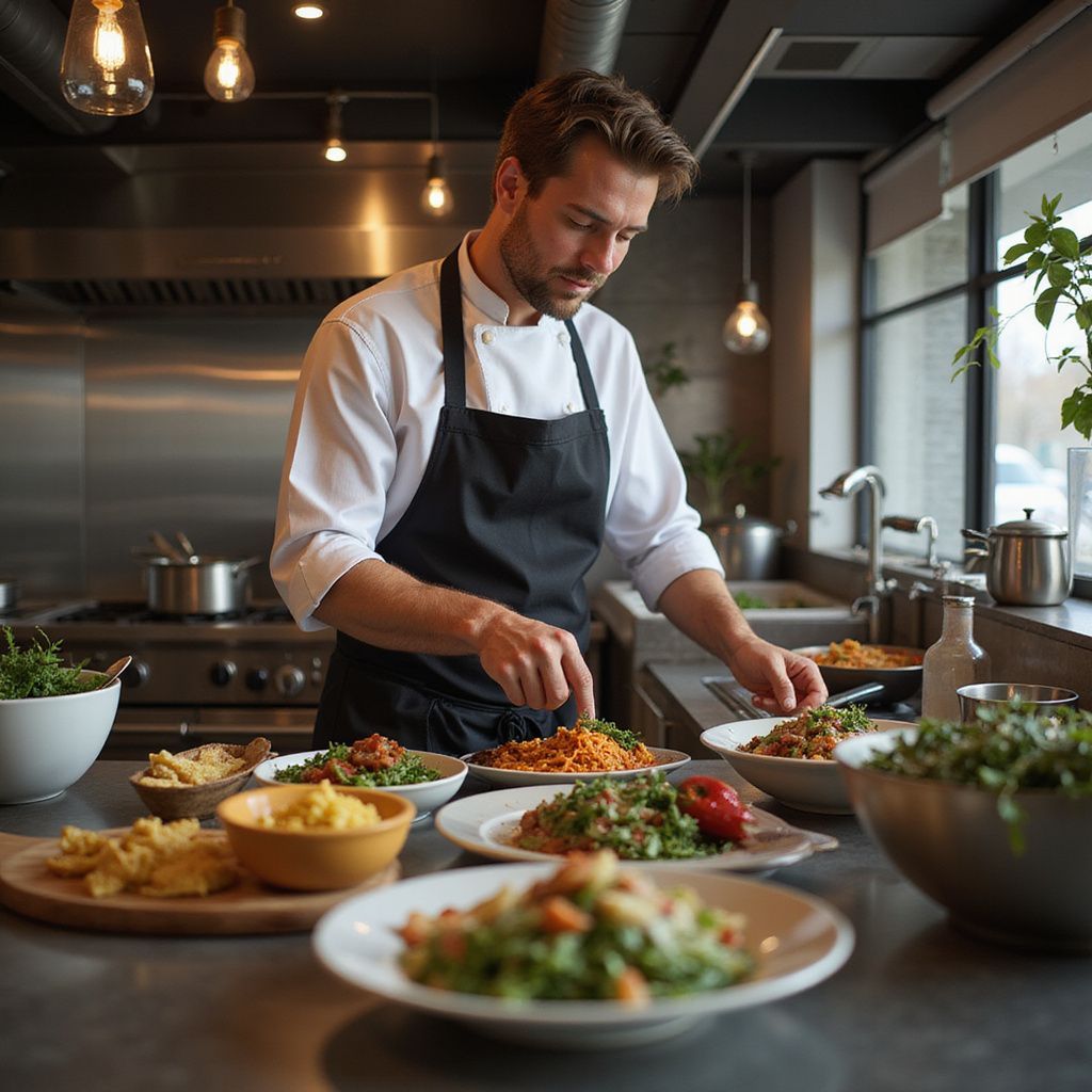 Chef in black apron arranging dishes in a restaurant kitchen with bright lighting.