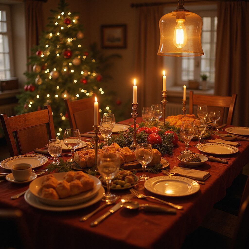 Festive dining table set for a holiday meal, with candles, food, and Christmas tree in the background.