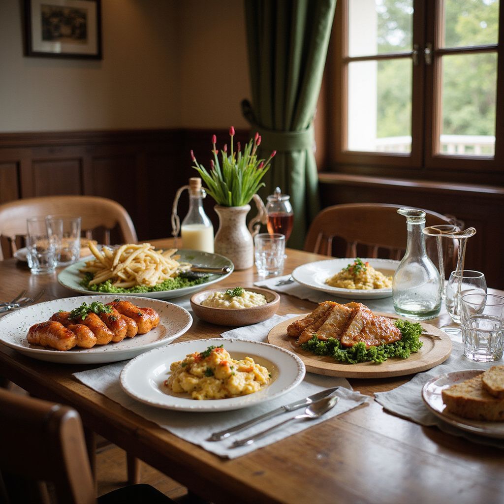 A table set with various dishes, drinks, and utensils, indoors near a window.