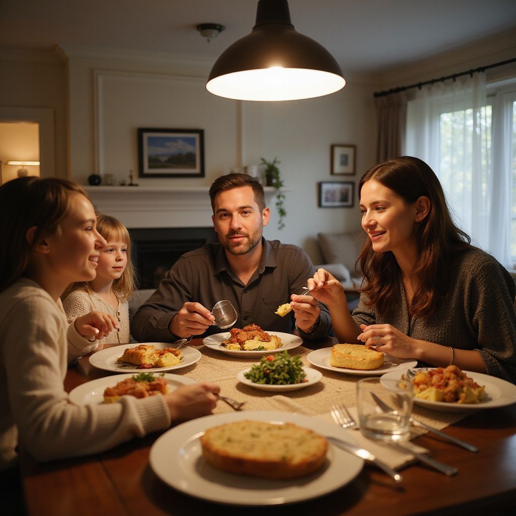 Family eating a meal together at a table in a well-lit dining room.