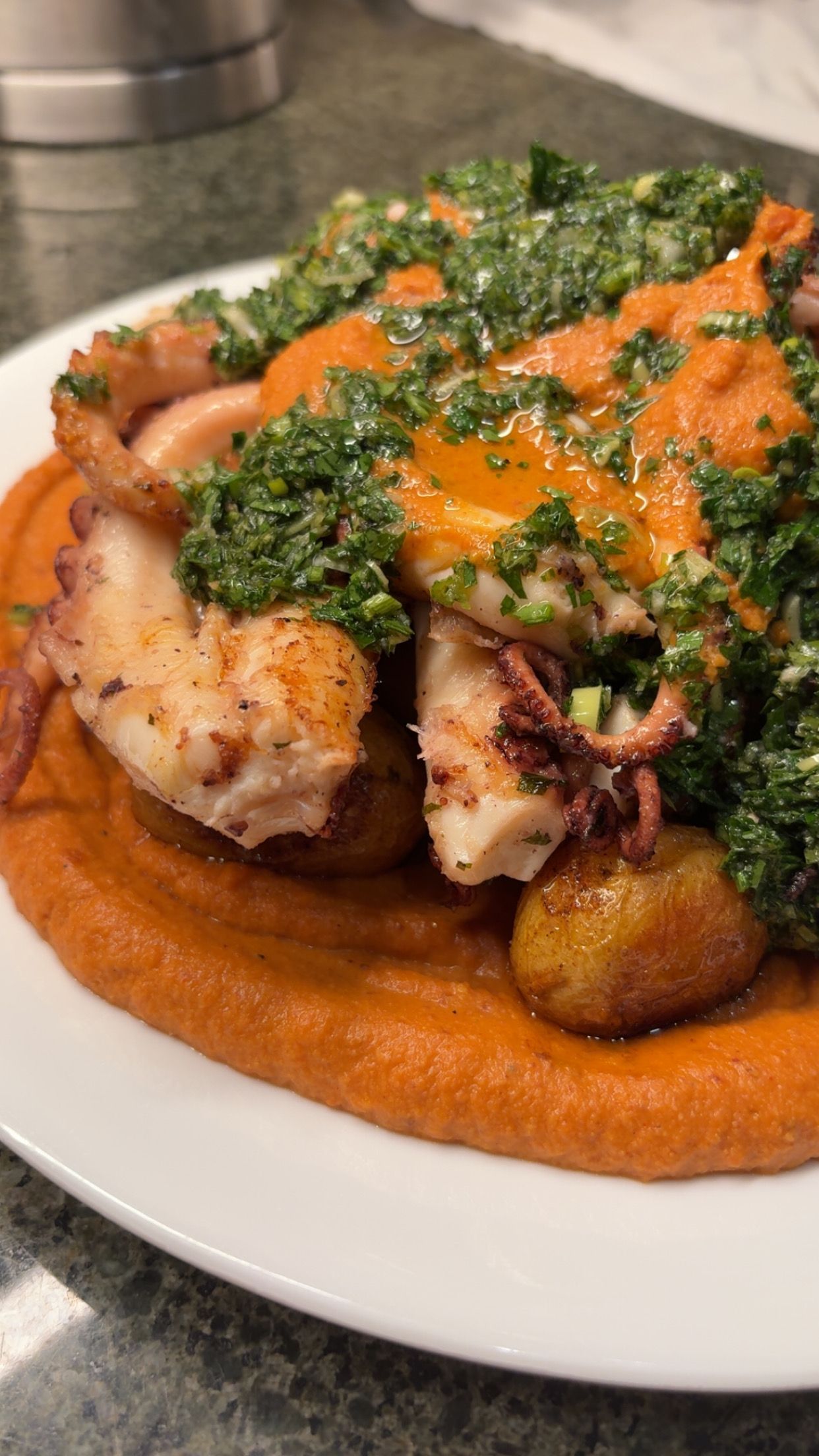 Roasted Octpous with Smoked Sweet Potato and Salsa Verde