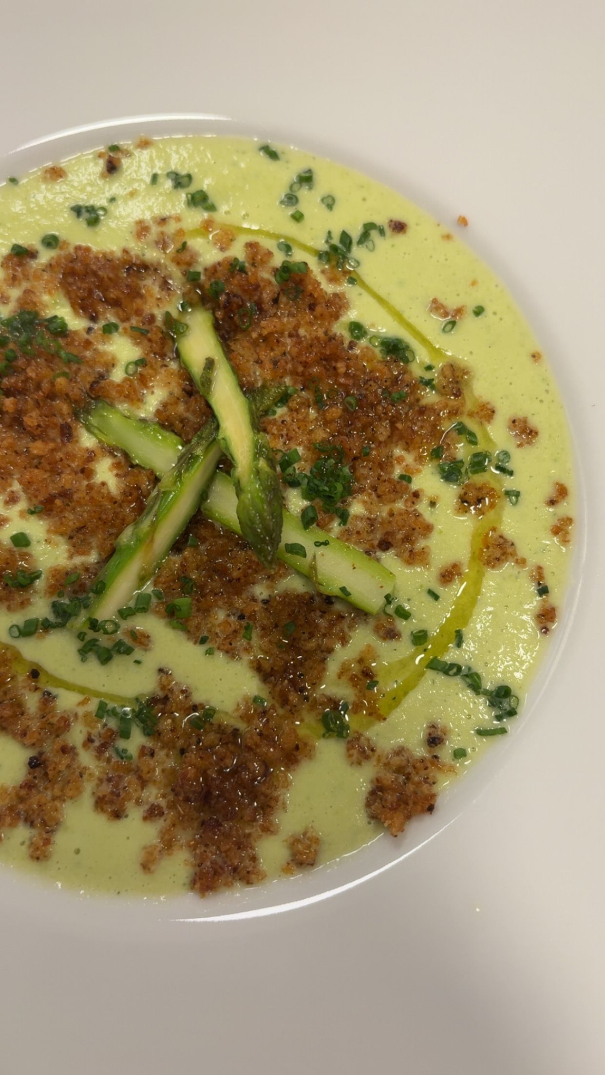 Cream of Asparagus and Leek Soup topped with Parmesan Garlic Breadcrumbs and Olive Oil