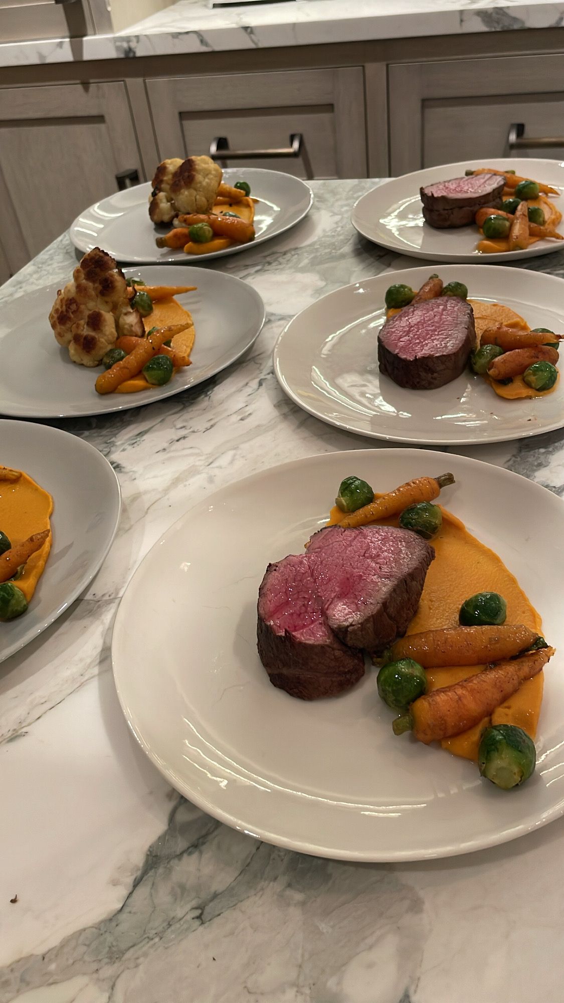 Plated Multi Course Dinner Featuring Beef Tenderloin Roast with a Vegetarian Cauliflower Option