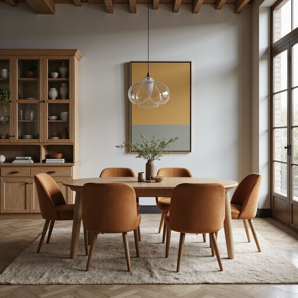 Dining room with wooden table, chairs, and display cabinet; orange accents; abstract artwork.