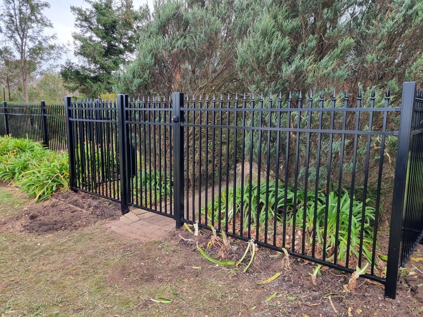 A black metal fence is surrounded by trees and grass.