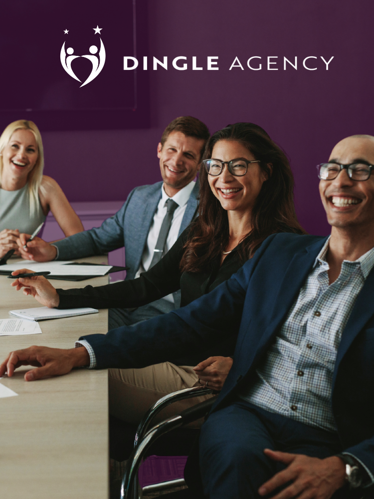 A group of people are sitting at a table with a dingle agency logo in the background
