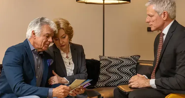 Older couple reviewing papers with a suited man; indoors.