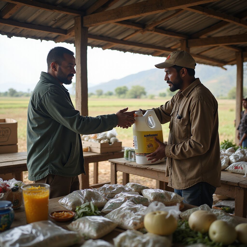 Two men exchanging a bag of produce at an outdoor market stall with fruit and jars on a table