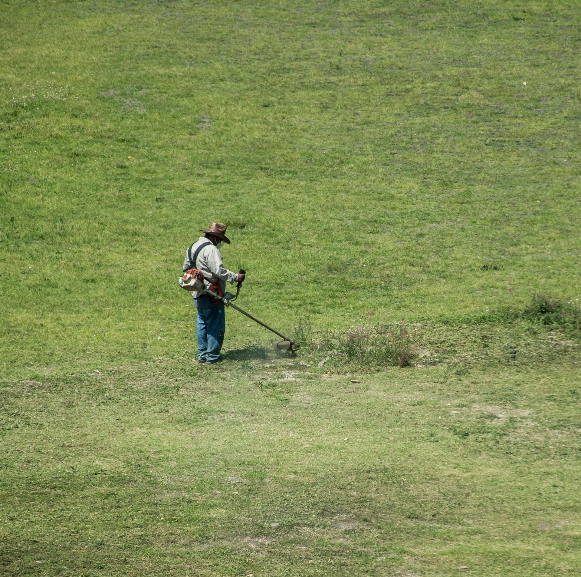 a man wearing a hat is cutting grass with a lawn mower