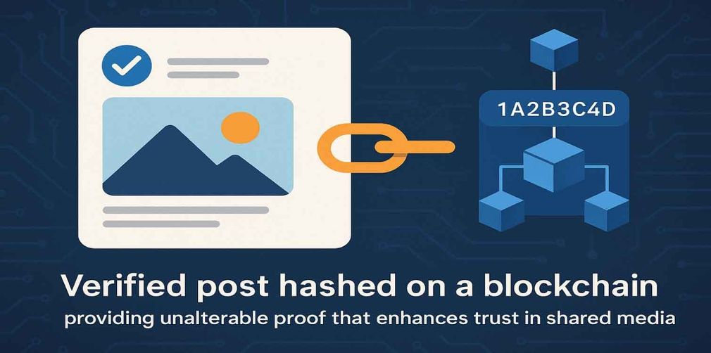 A verified post has been hashed on a blockchain providing unalterable proof that enhances trust in shared media.