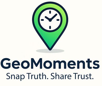 The logo for geomoments is a green pin with a clock inside of it.