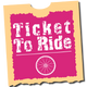 A pink and orange ticket to ride with a bicycle wheel on it.