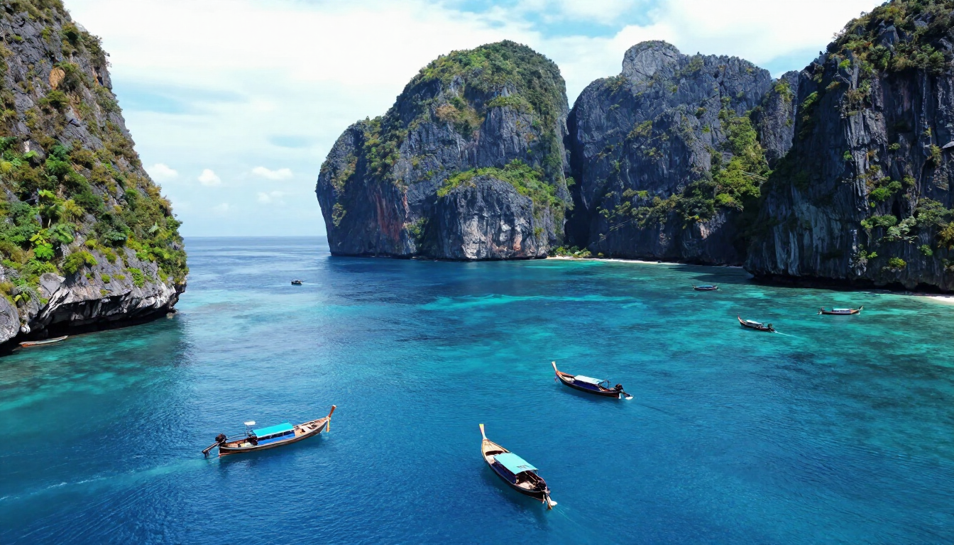 Beautiful Phi Phi Island bay in Thailand with longtail boats