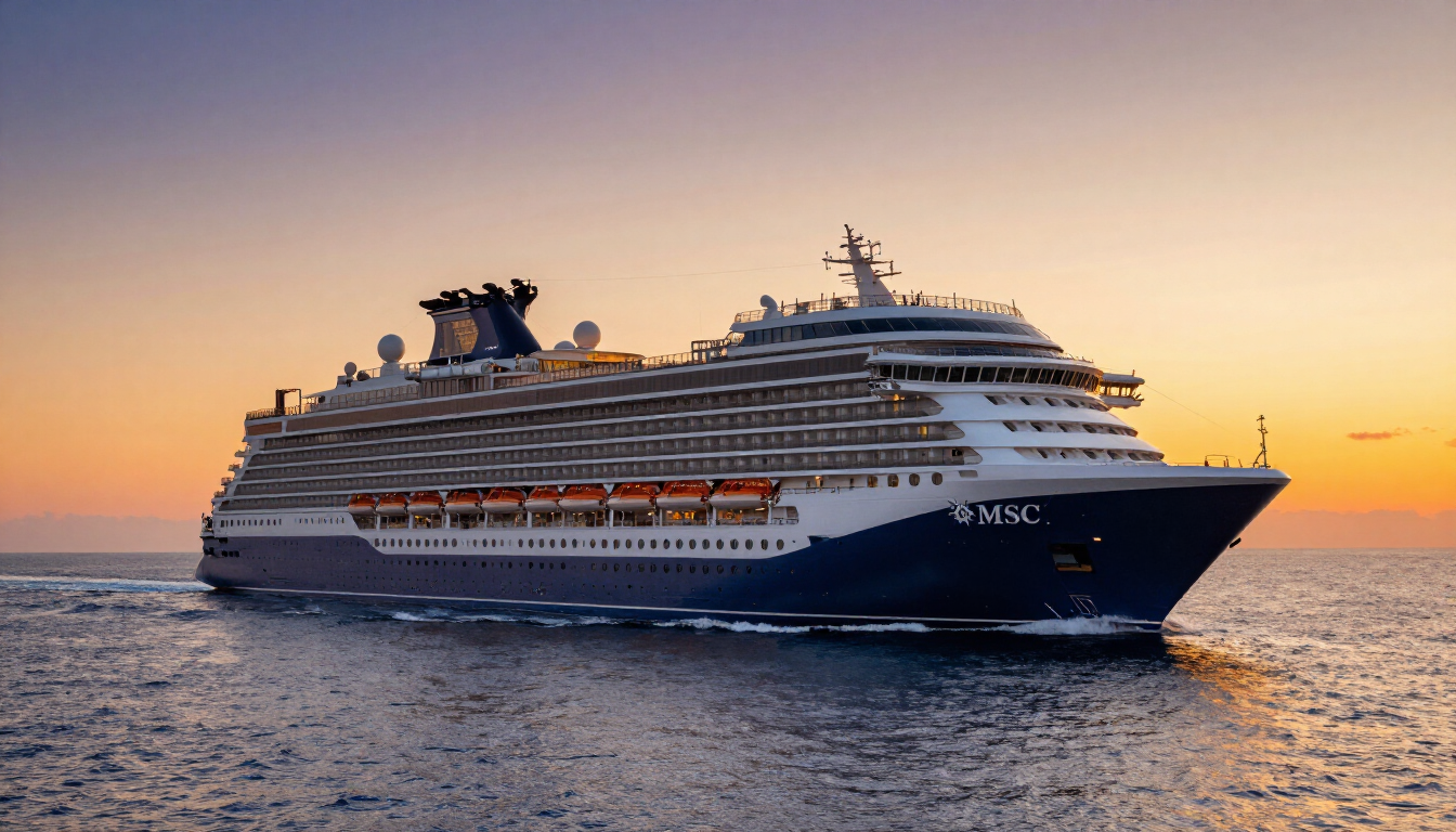 MSC Seaview cruise ship at sea during sunset