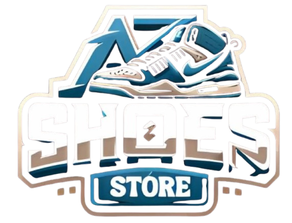 Logotipo para una zapatería que presenta una zapatilla Nike azul y blanca y las palabras 