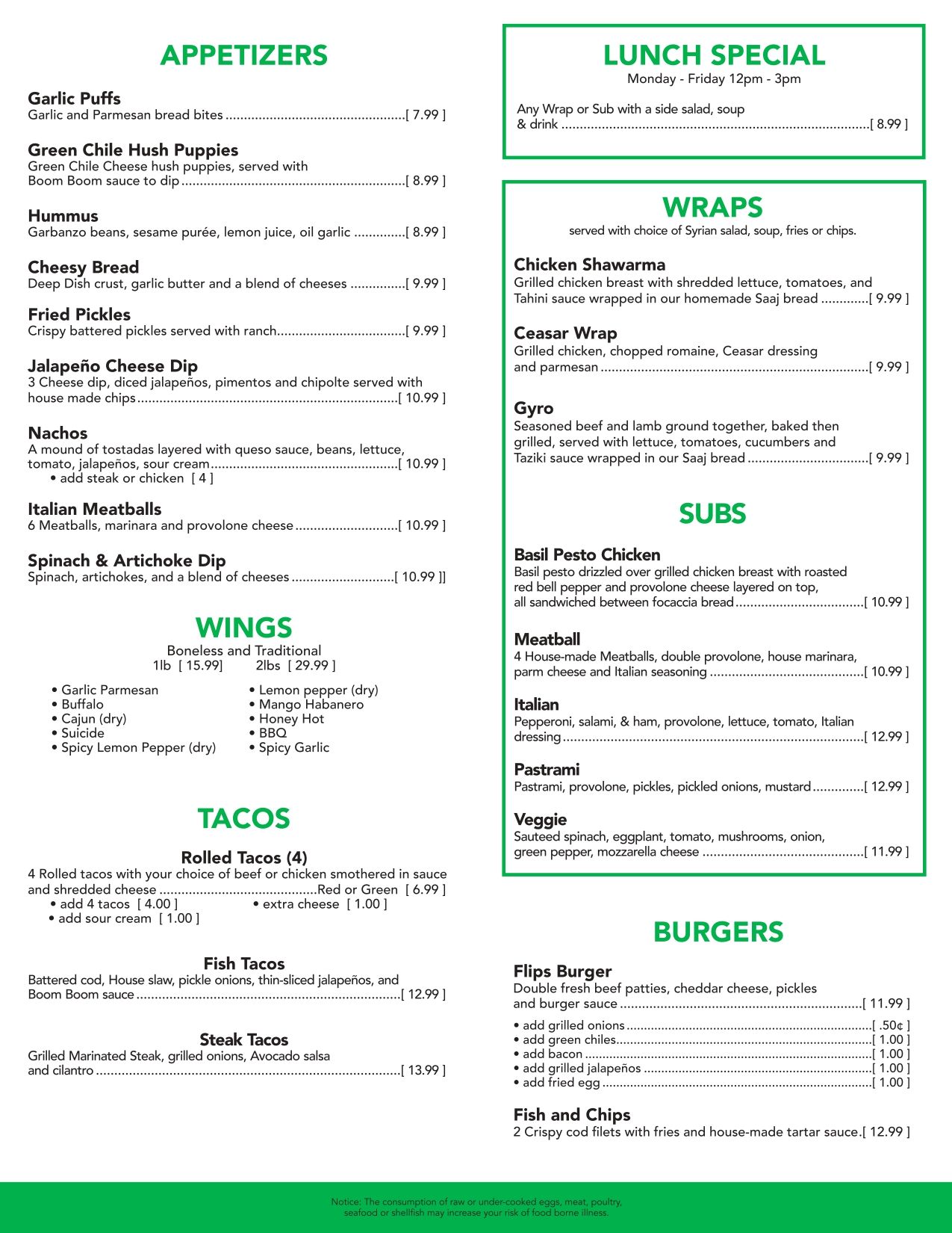 A menu for a restaurant with appetizers , wings , tacos , and lunch specials.