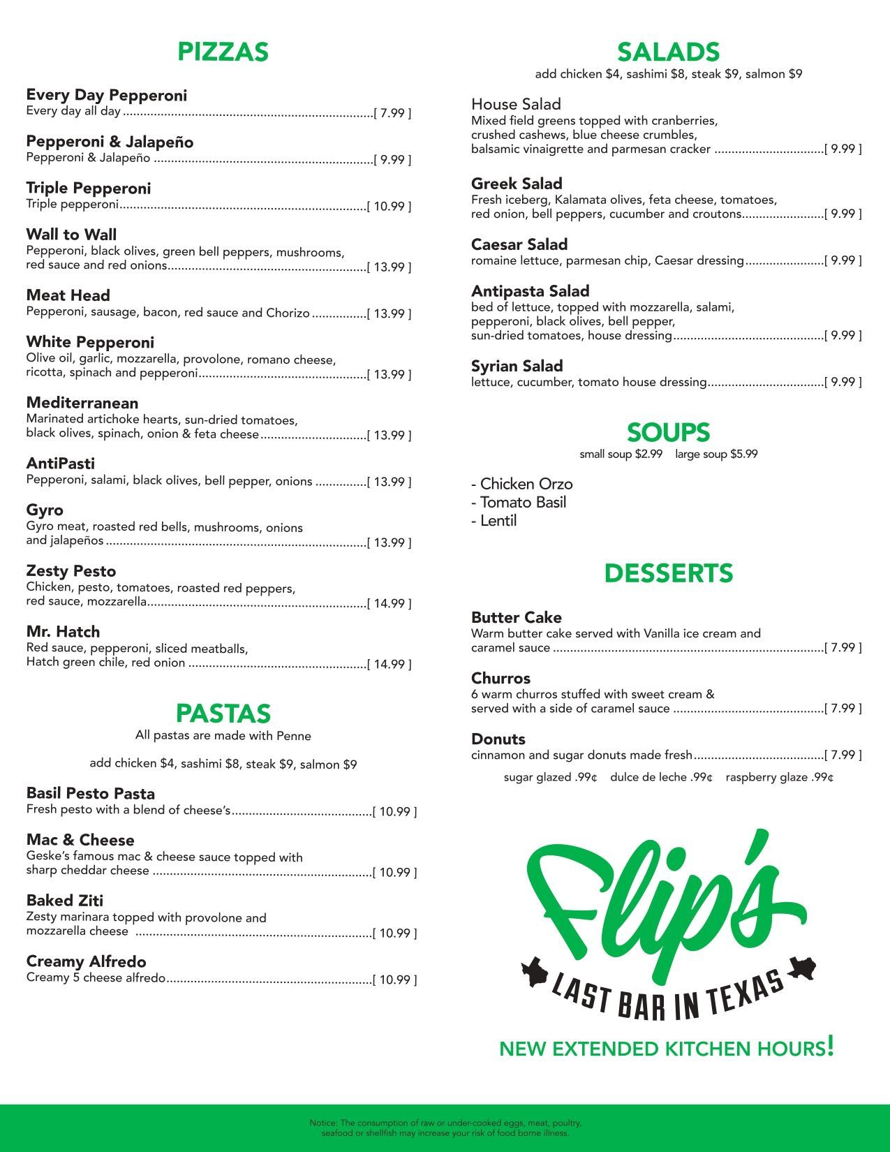 A menu for a restaurant called flip 's fast bar in texas.