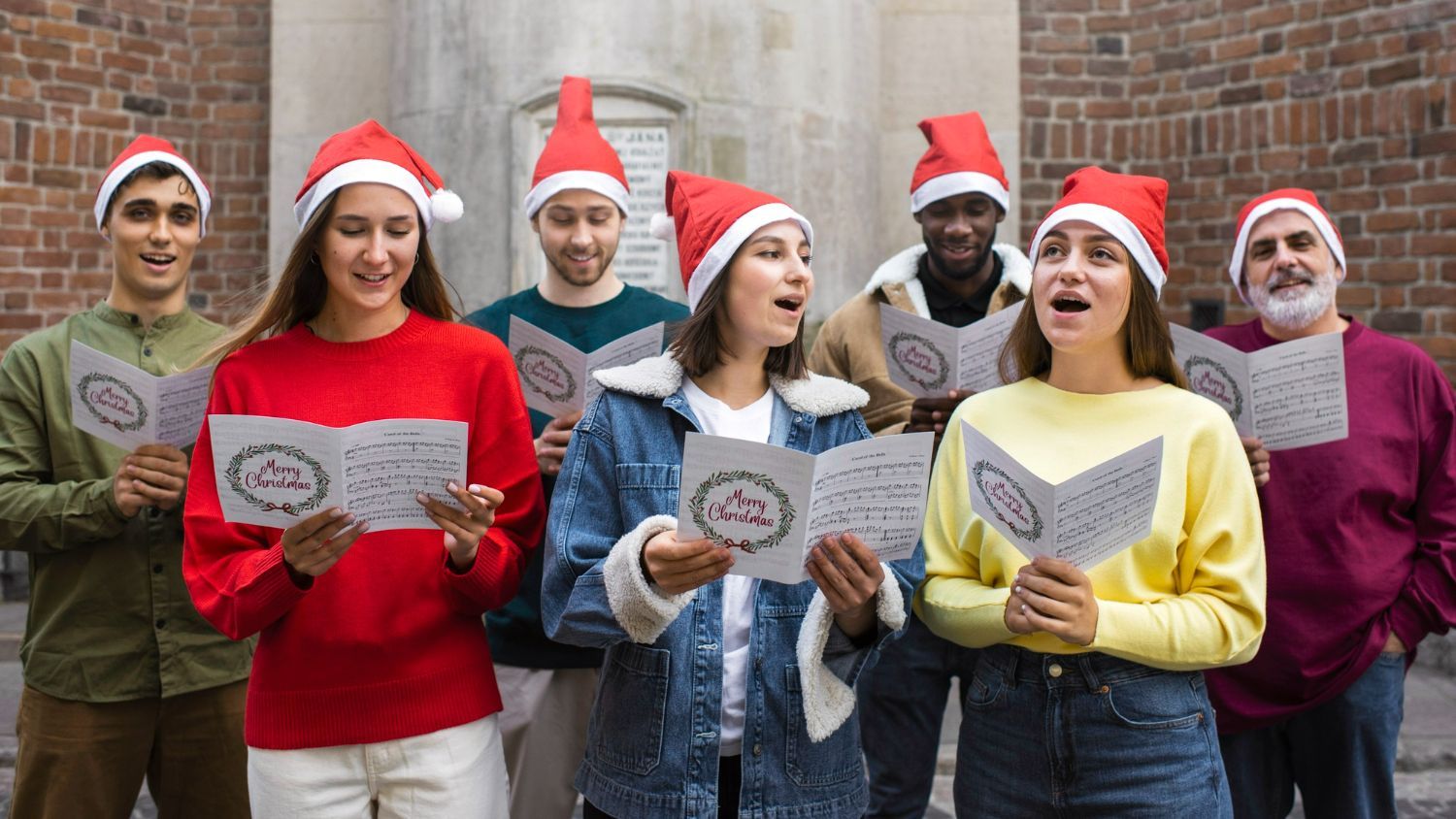 A group of people in Santa hats singing carols outdoors, holding sheet music.