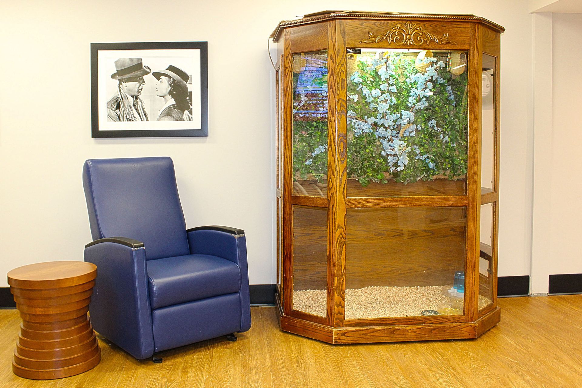 A room with a blue chair and a large aquarium
