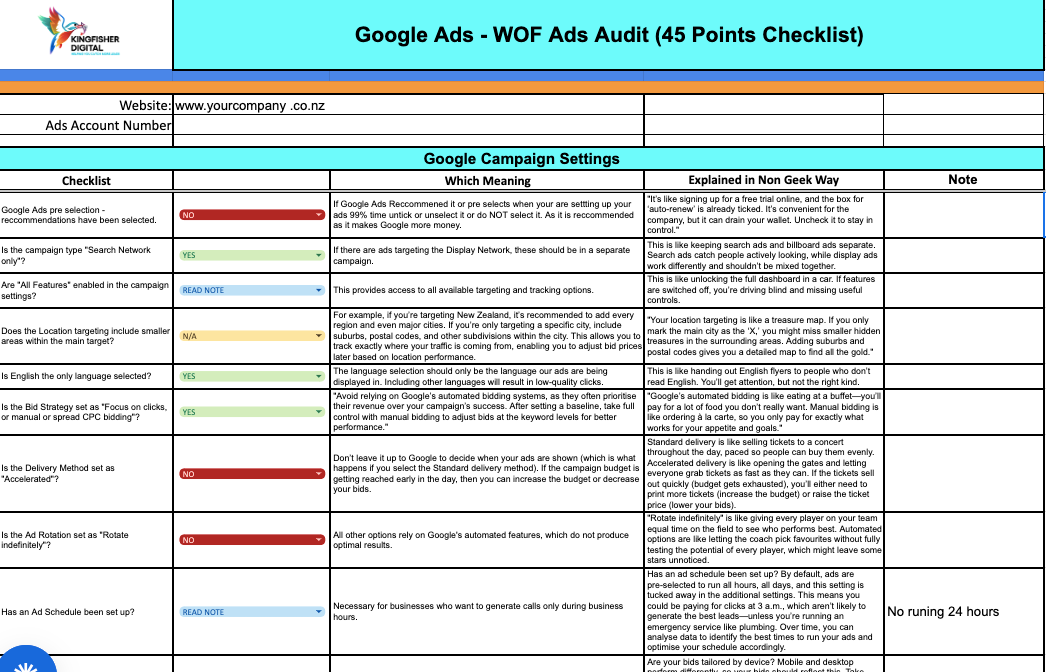 Google Ads - WOF Ads Audit (45 Points Checklist)