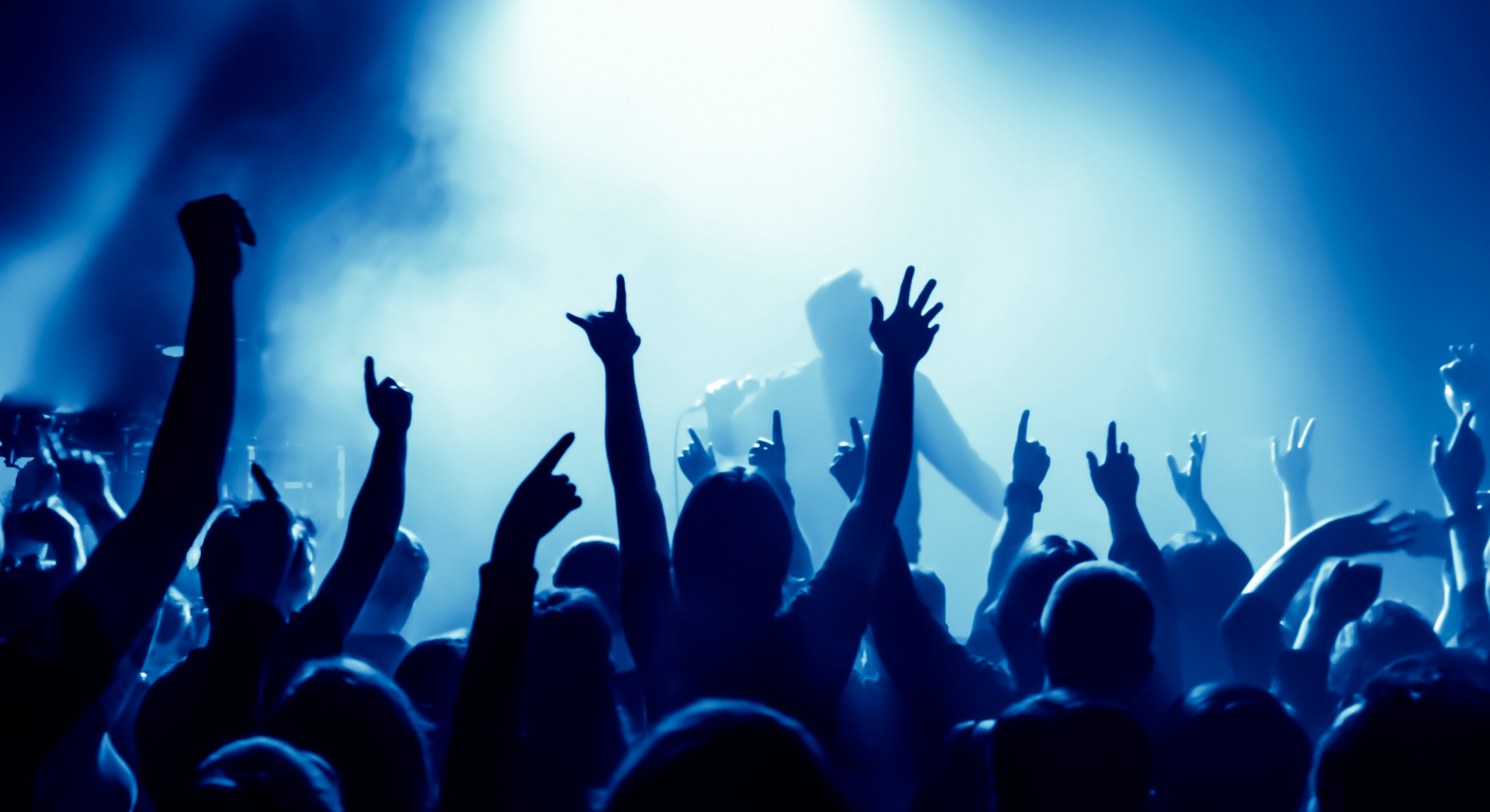 A crowd of people are raising their hands in the air at a concert.