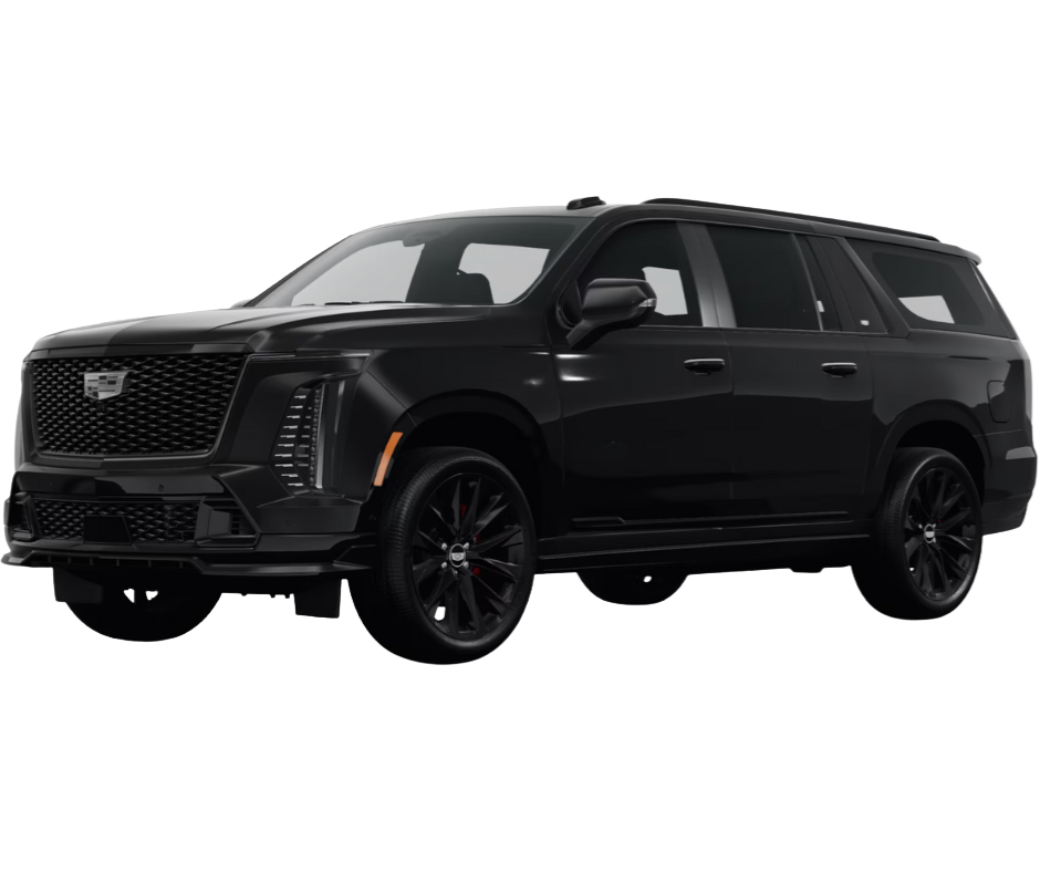 A black cadillac escalade is shown on a white background.