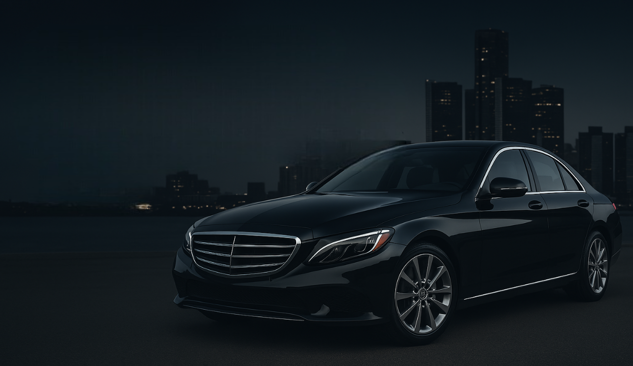 A black mercedes benz is parked in front of a city at night.
