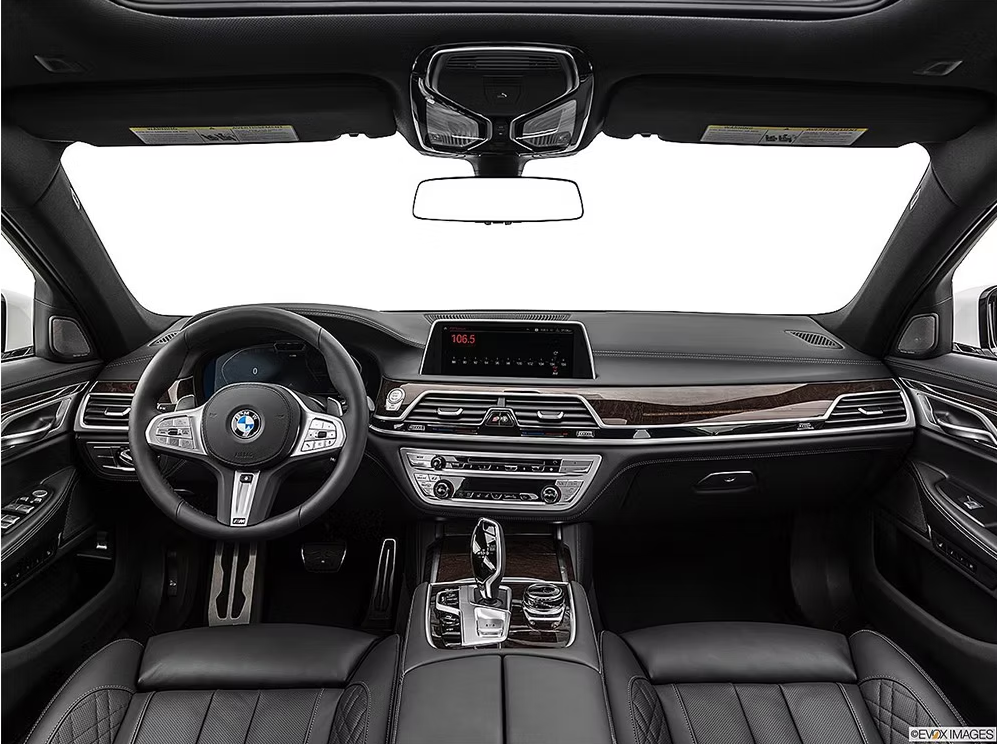 The interior of a bmw 7 series is shown with a white background.