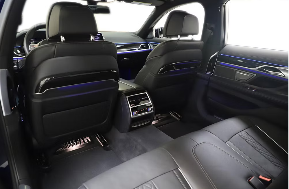 The back seat of a bmw 7 series is shown.
