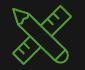 A neon green icon of two crossed pencils and a ruler on a black background.