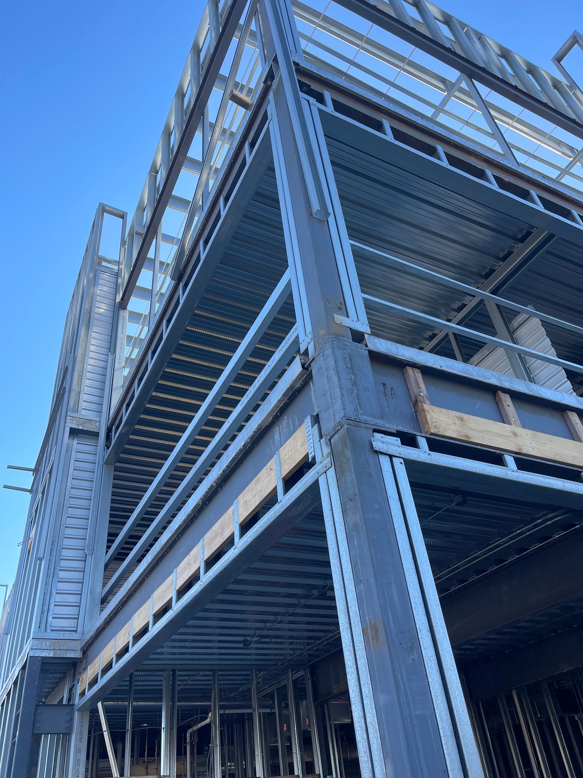 A building under construction with a blue sky in the background