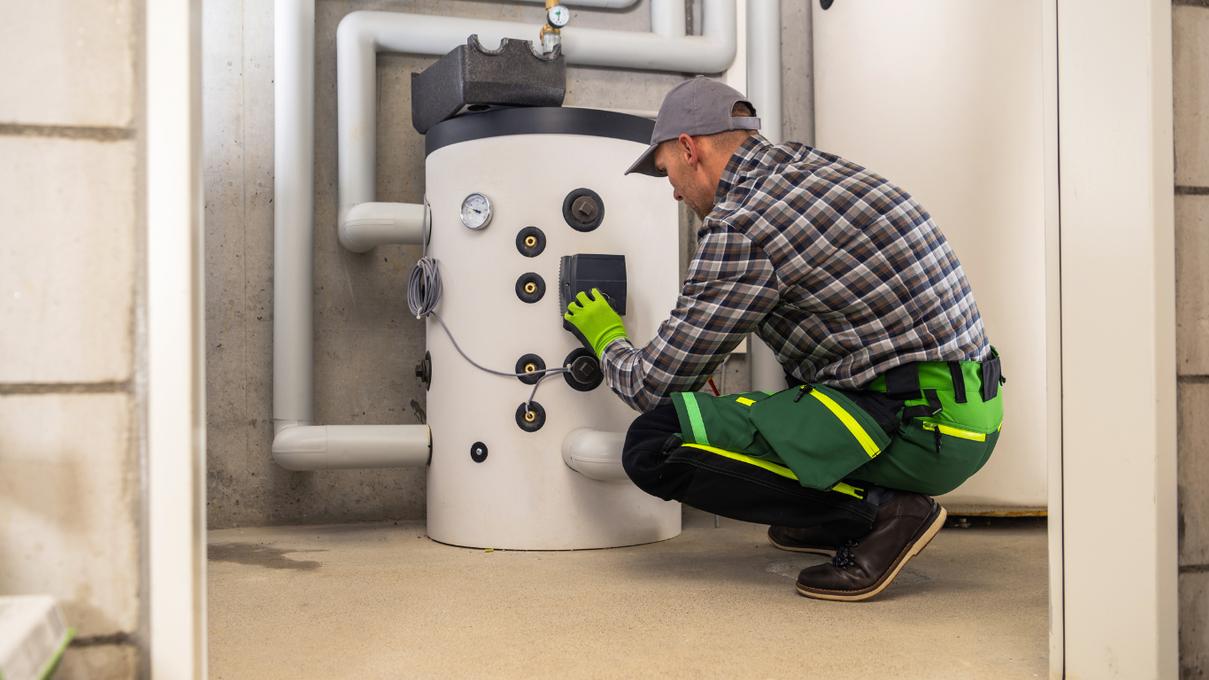 A man is working on a water heater in a basement.