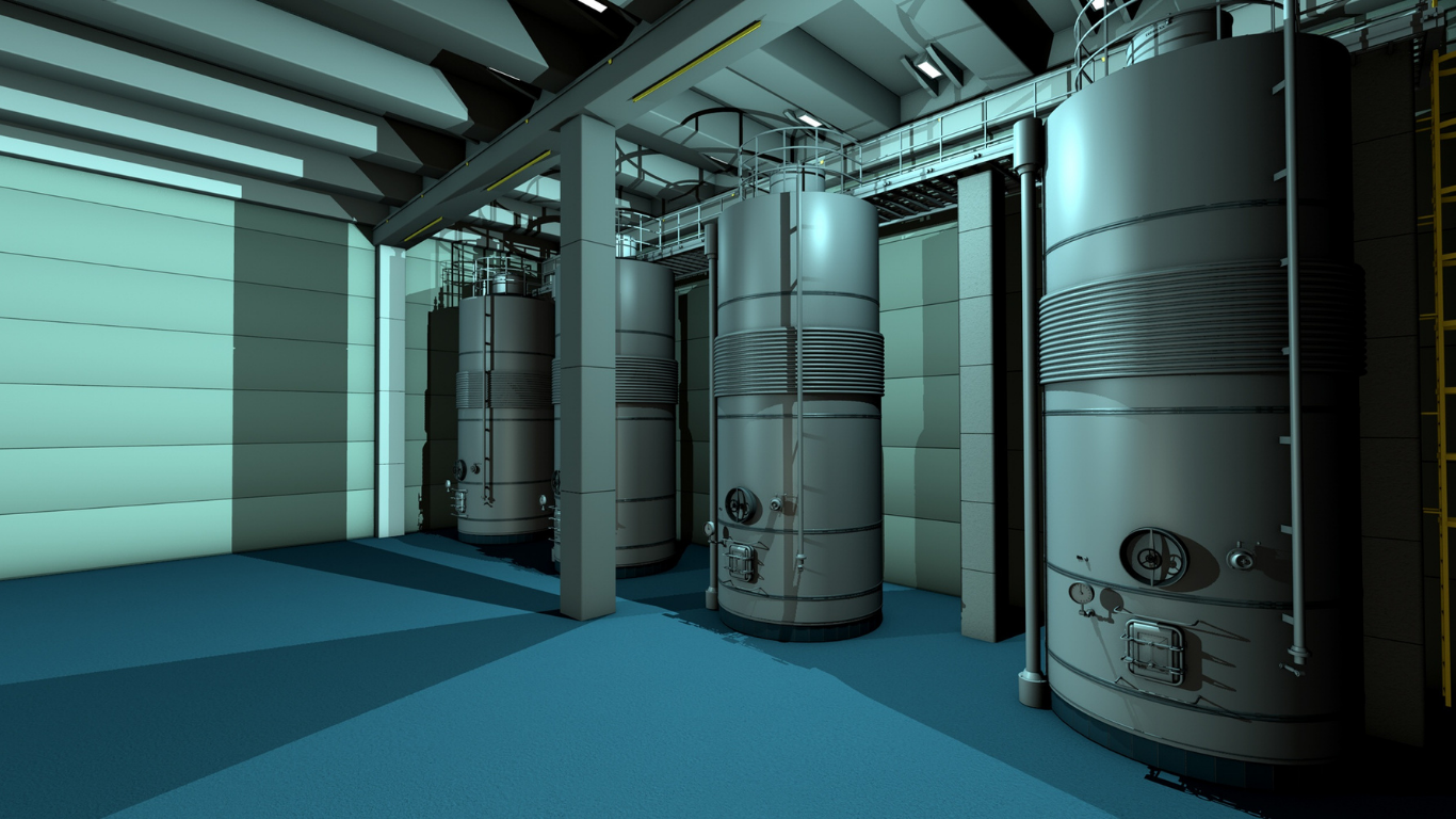 A row of stainless steel tanks are lined up in a room.