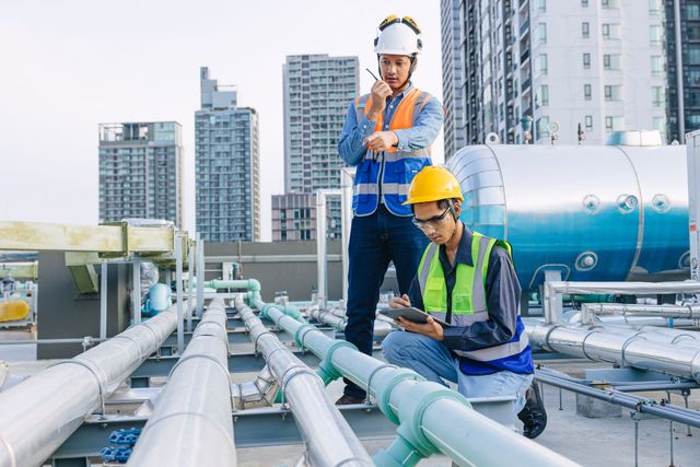 Two construction workers are looking at pipes on the roof of a building.