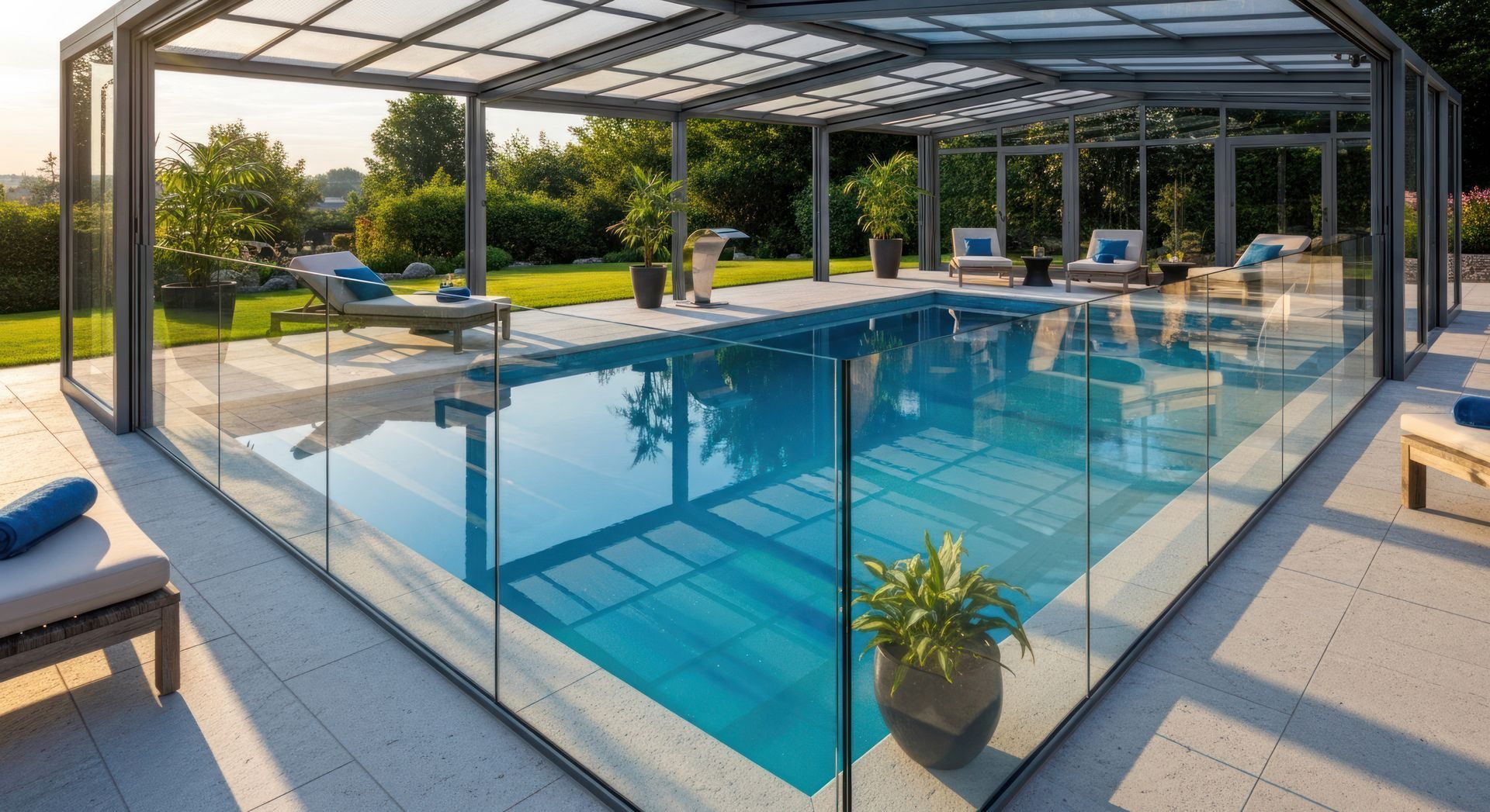 Modern glass pool enclosure by a professional pool enclosure contractor for year-round swimming.