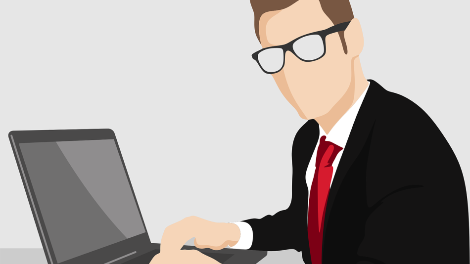 Illustration of a man with glasses sitting at a computer. He is wearing a black suit with a white shirt and a red tie.