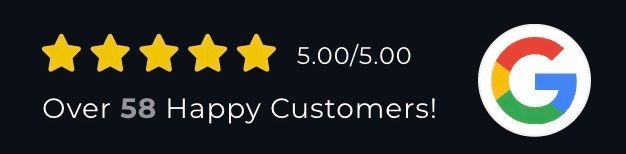 Five yellow stars, 5.00/5.00 rating, Proud 5 Star Google Rating, Google logo.