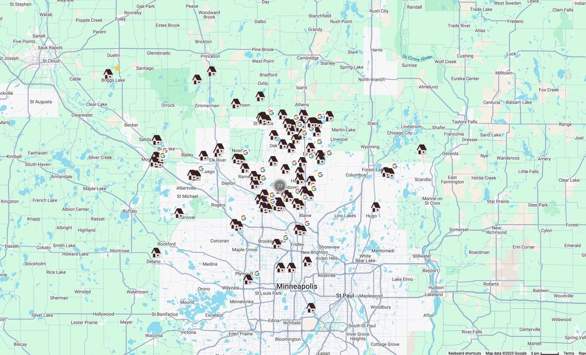 Map with house icons clustered near a central area, possibly indicating locations.