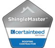 ShingleMaster certification badge by CertainTeed. Silver, white, and blue emblem indicates a roofing contractor.