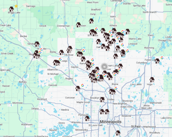 Map showing house icons clustered around Minneapolis and St. Paul, Minnesota, and surrounding areas.