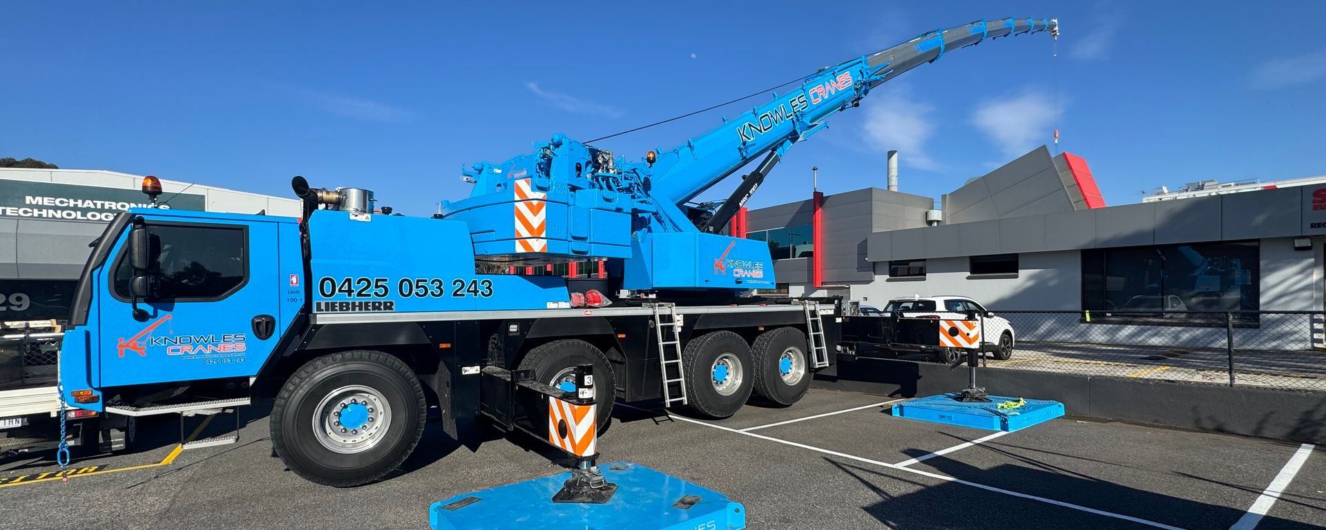Lifting precision and power with Knowles Cranes on-site set-up complete, boom raised, ready for action.