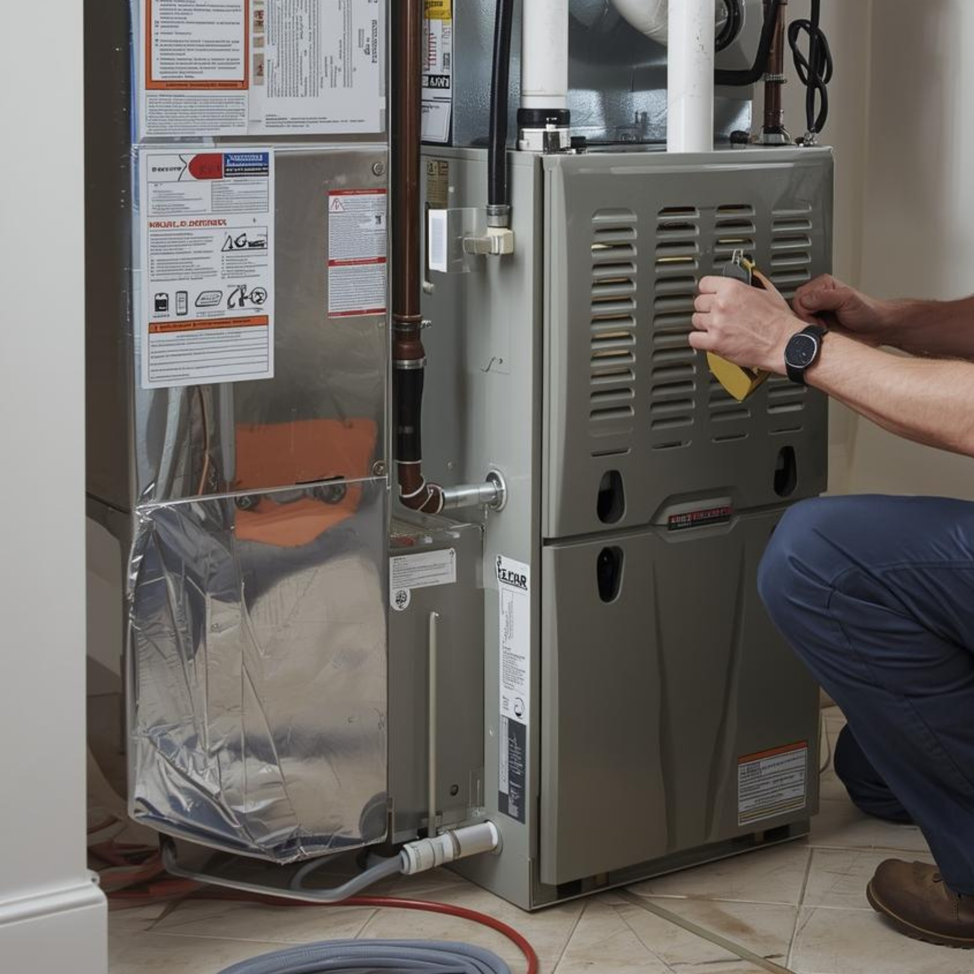 Person inspecting a furnace in a utility room; they are wearing blue jeans and using a yellow tool.