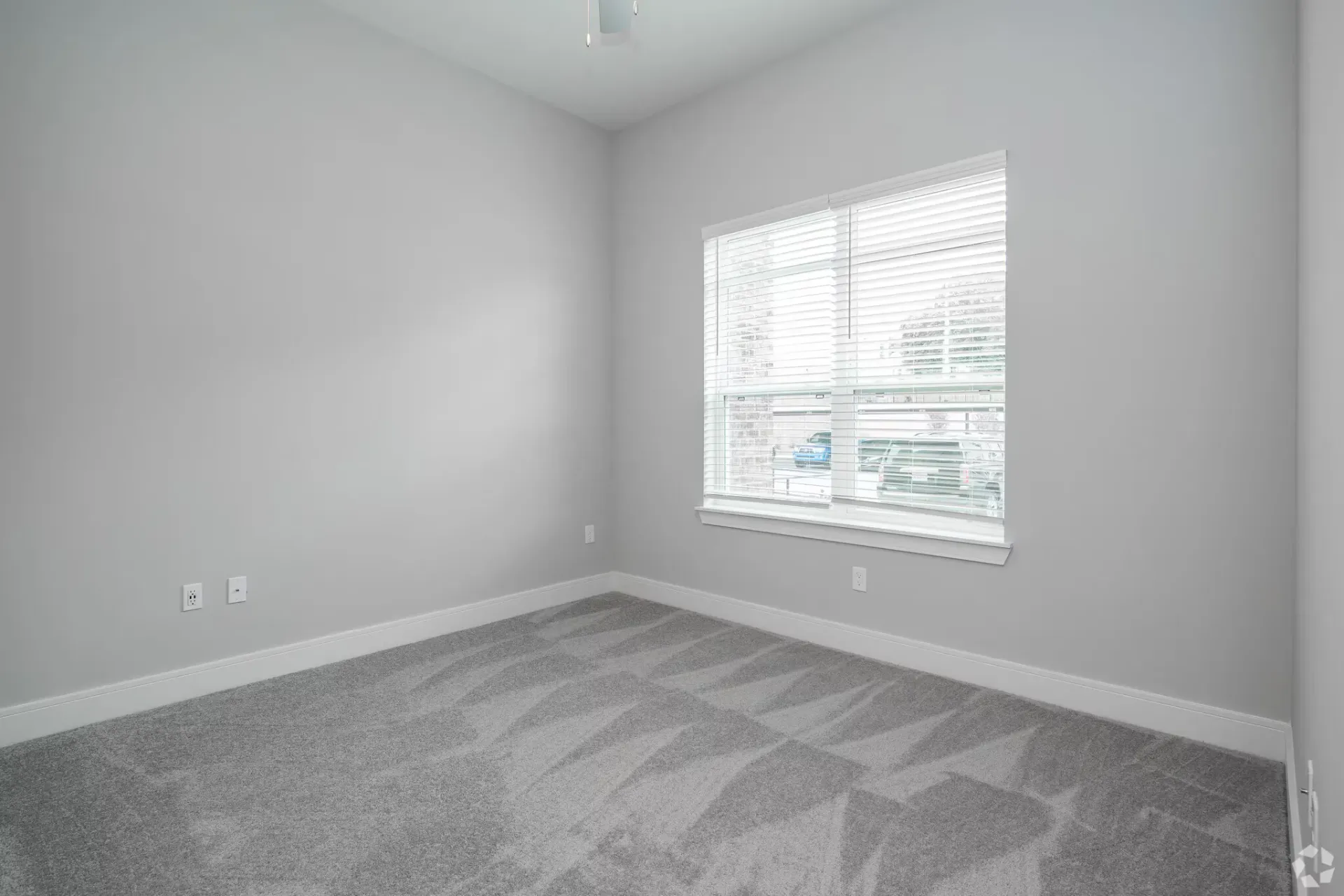 Empty gray bedroom with a window and white blinds, carpeted floor.