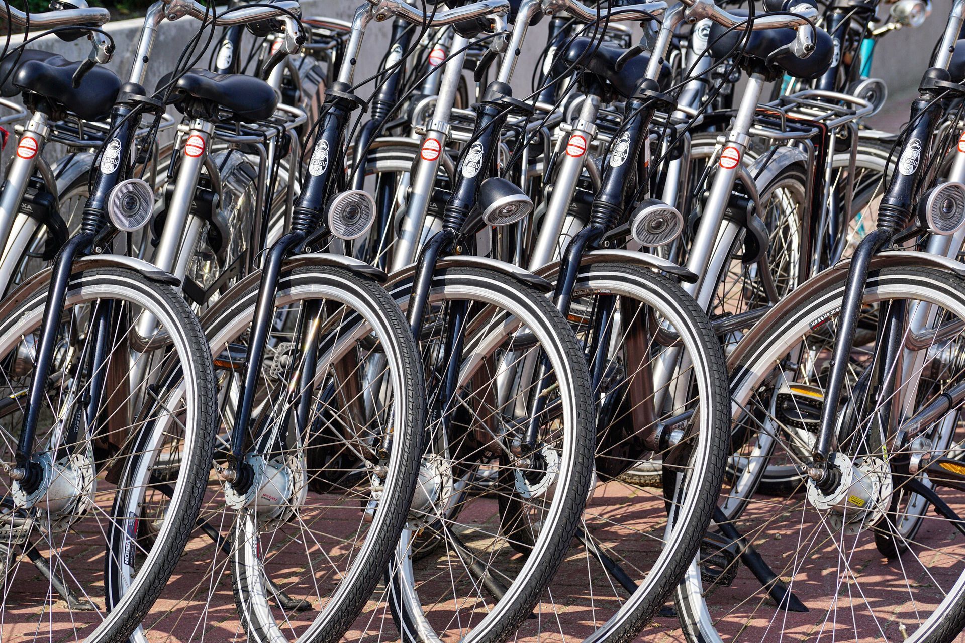 Bicycles parked in a row, close-up view of front wheels and headlights.