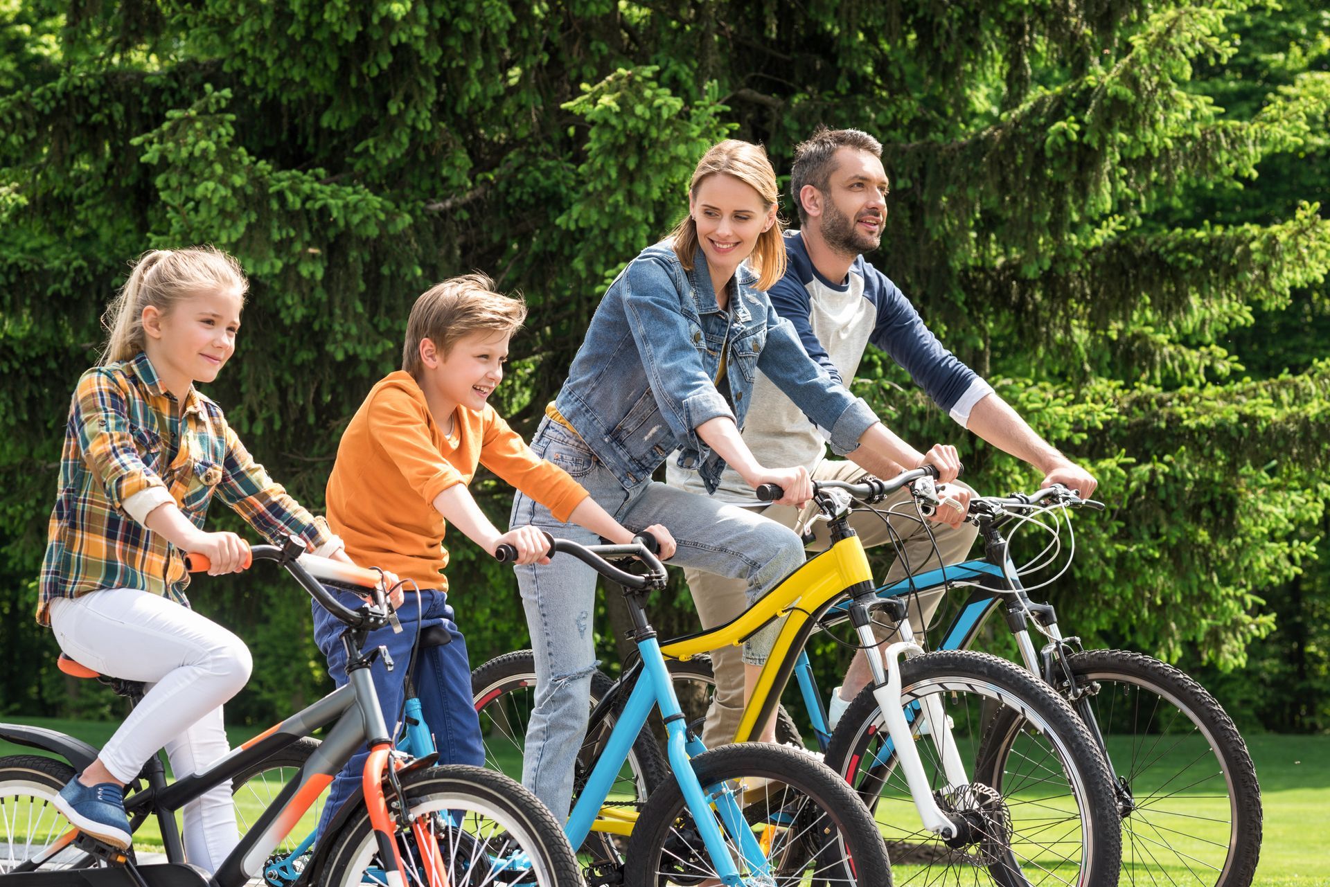A family is riding bicycles in a park.