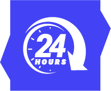 A blue and white logo that says 24 hours